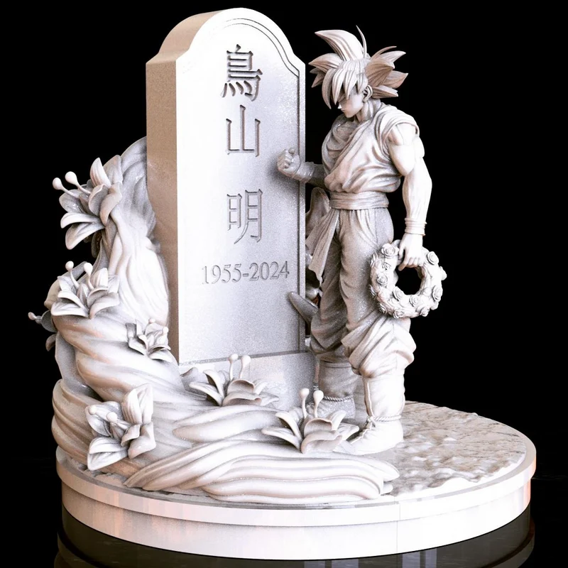 Goku beside a floral memorial stone with a wreath and sculpted flowers