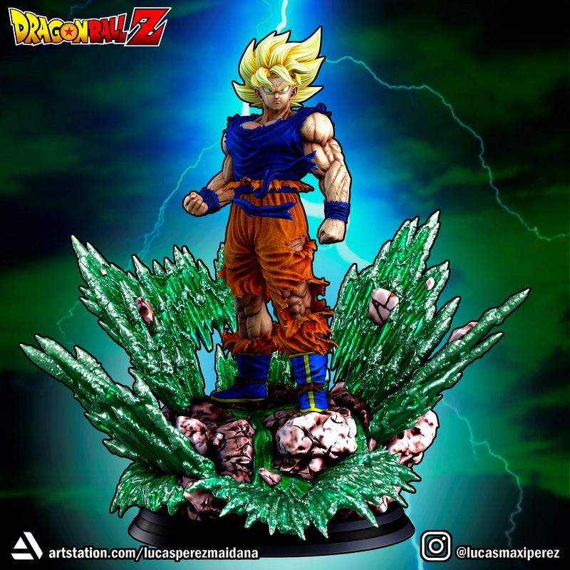 Goku Dragon Ball figure with golden hair on a rocky green crystal base