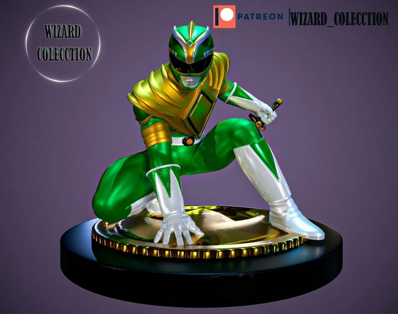 Power Rangers Green Ranger figure crouching on a round display base