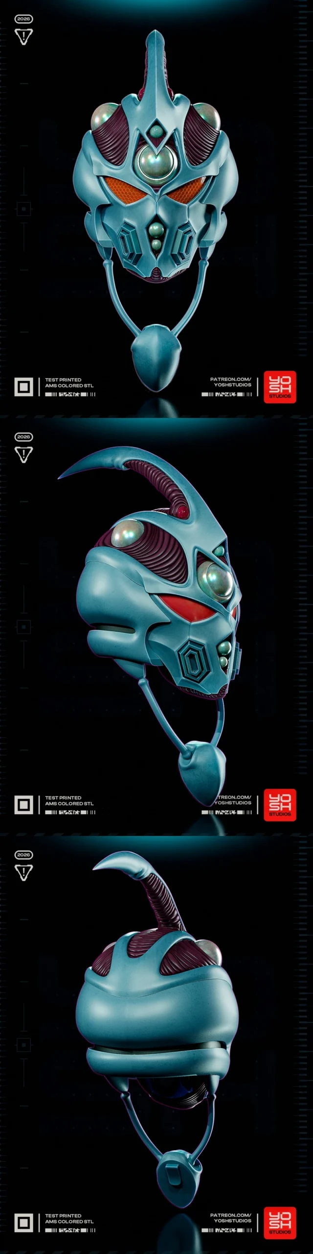 Guyver bio-armor helmet with blue shell, ribbed panels, orange eye sections, crest, and hanging lower element