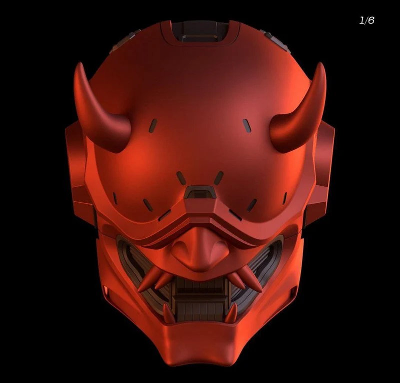 Front view of a red Halo Yokai helmet 3D model with horns, layered armor, tusk-like details, and side vents