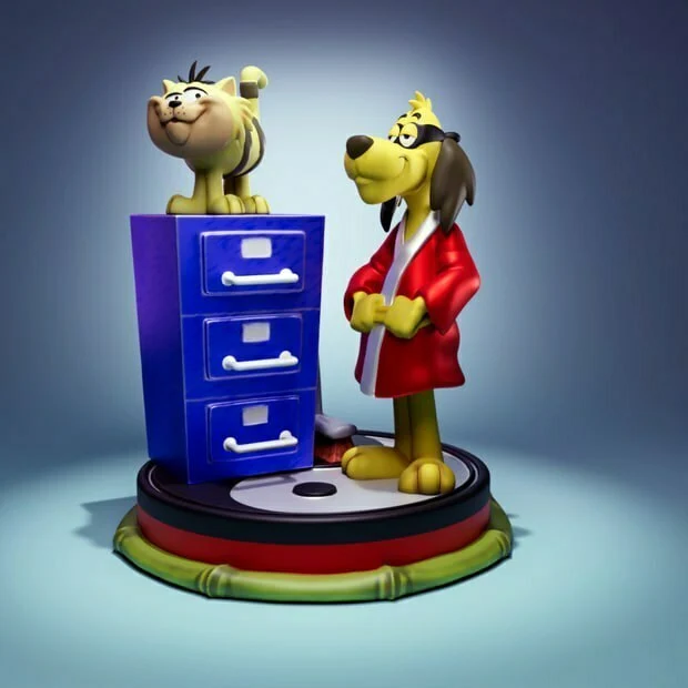 Cartoon cat and dog diorama with a blue filing cabinet and circular base