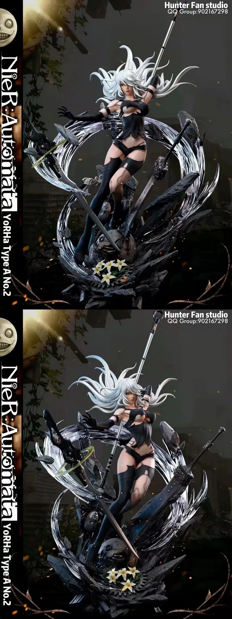 A2 from NieR: Automata posed with a sword on a rocky display base