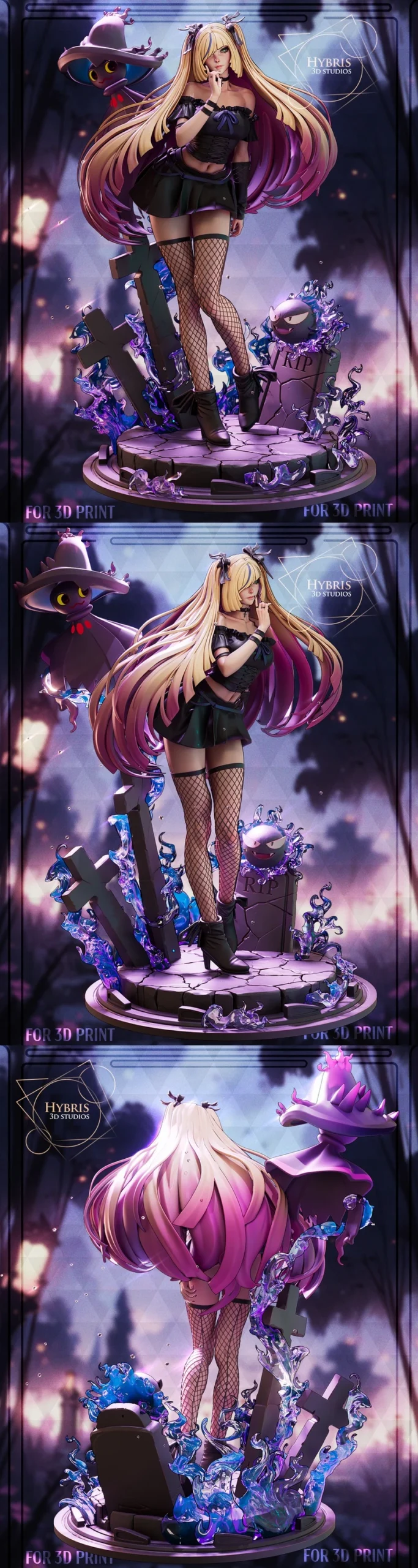 Dark Lusamine Pokémon figure with companion, gravestones, and purple-blue effects