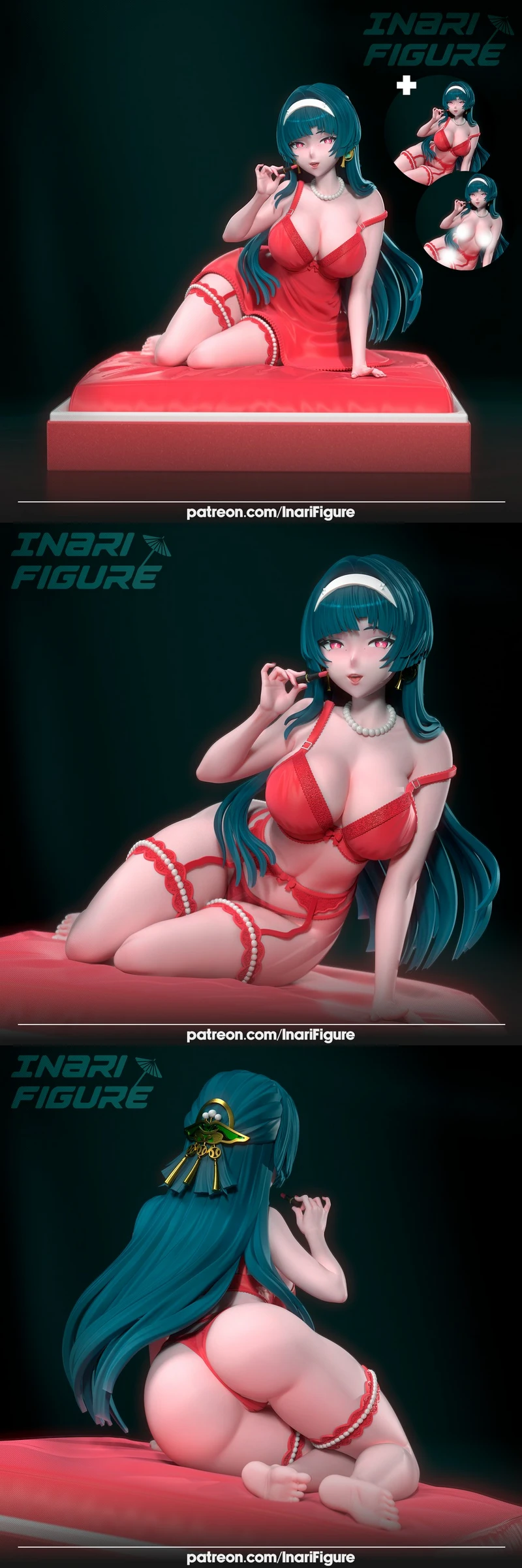 Astra Yao seated in a red outfit with teal hair on a display base