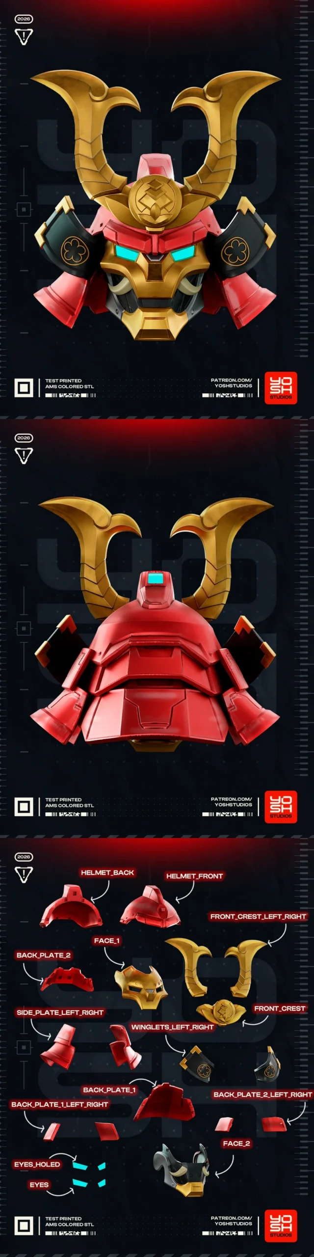 Samurai-inspired Iron Man armored bust with horned gold crest and red armor