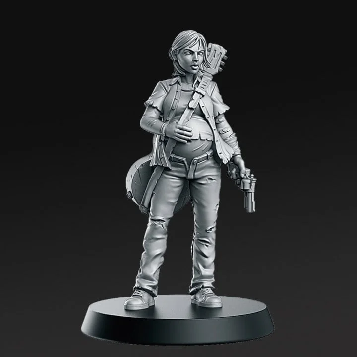 Junk Girl female character figure with guitar, pistol, pregnant belly, and round display base