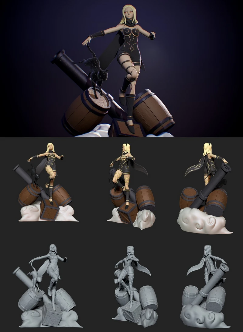 Kat from Gravity Rush posed on barrels and a detailed cloud-themed display base