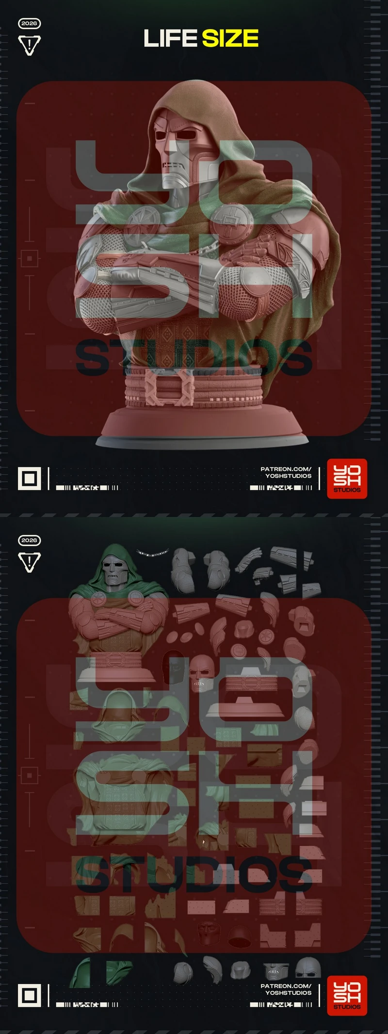 Dr Doom life-size bust with hood, metal mask, armor, crossed arms and cape