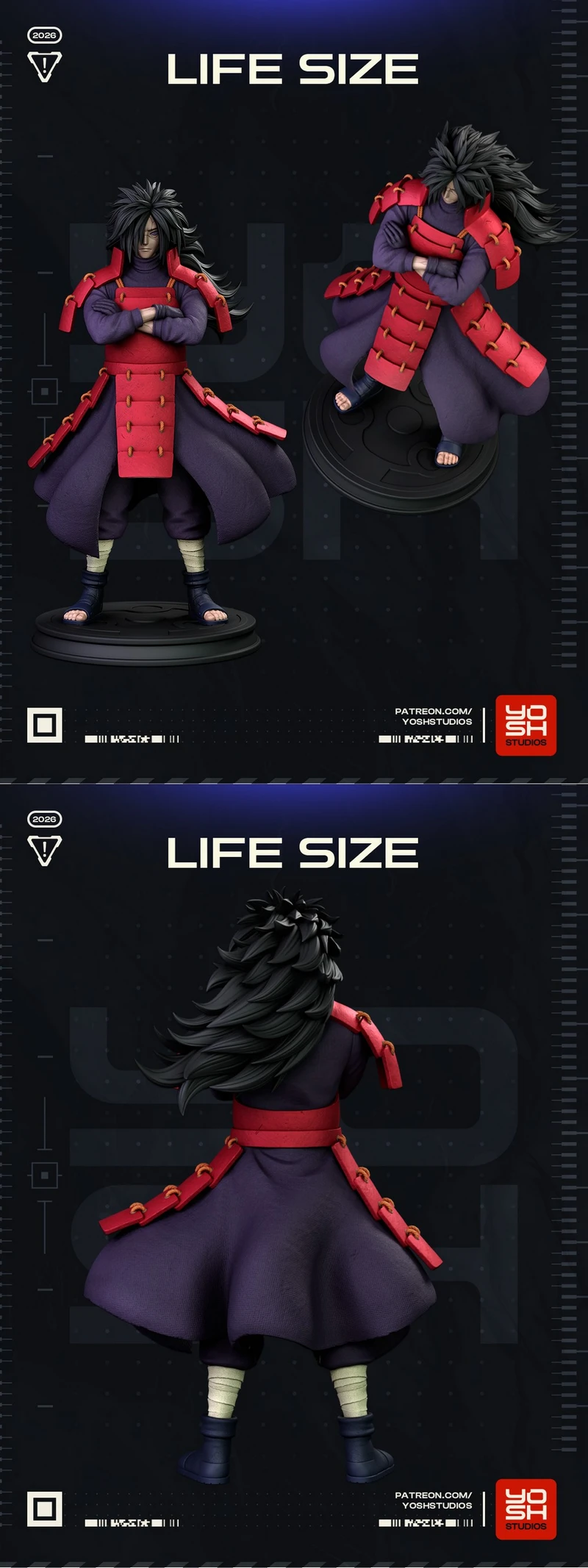 Madara Uchiha Naruto life-size statue with red armor on a display base