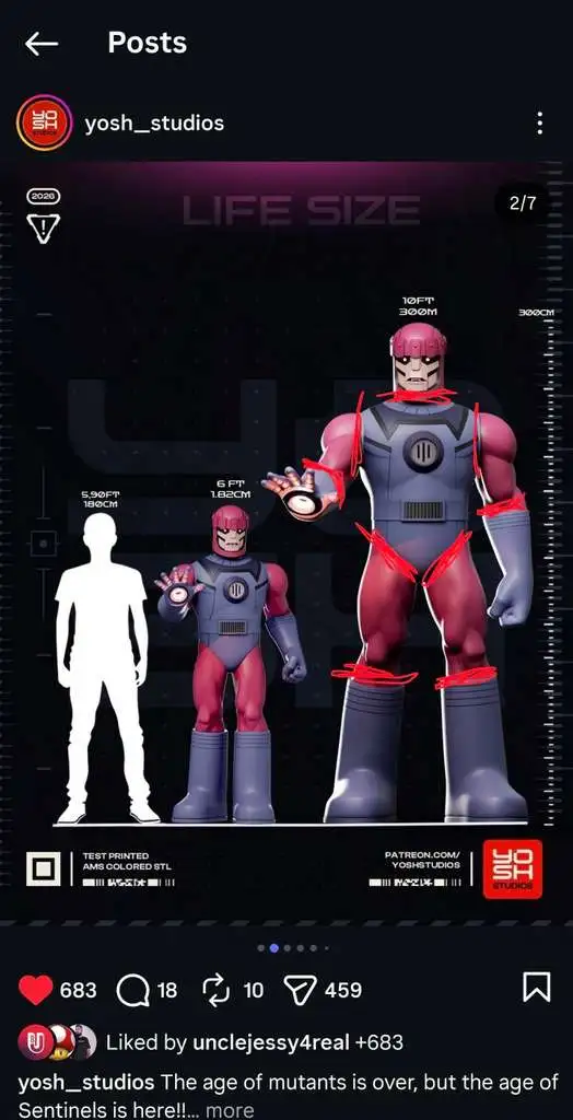 Marvel Sentinel life-size robotic character statue in red and purple armor