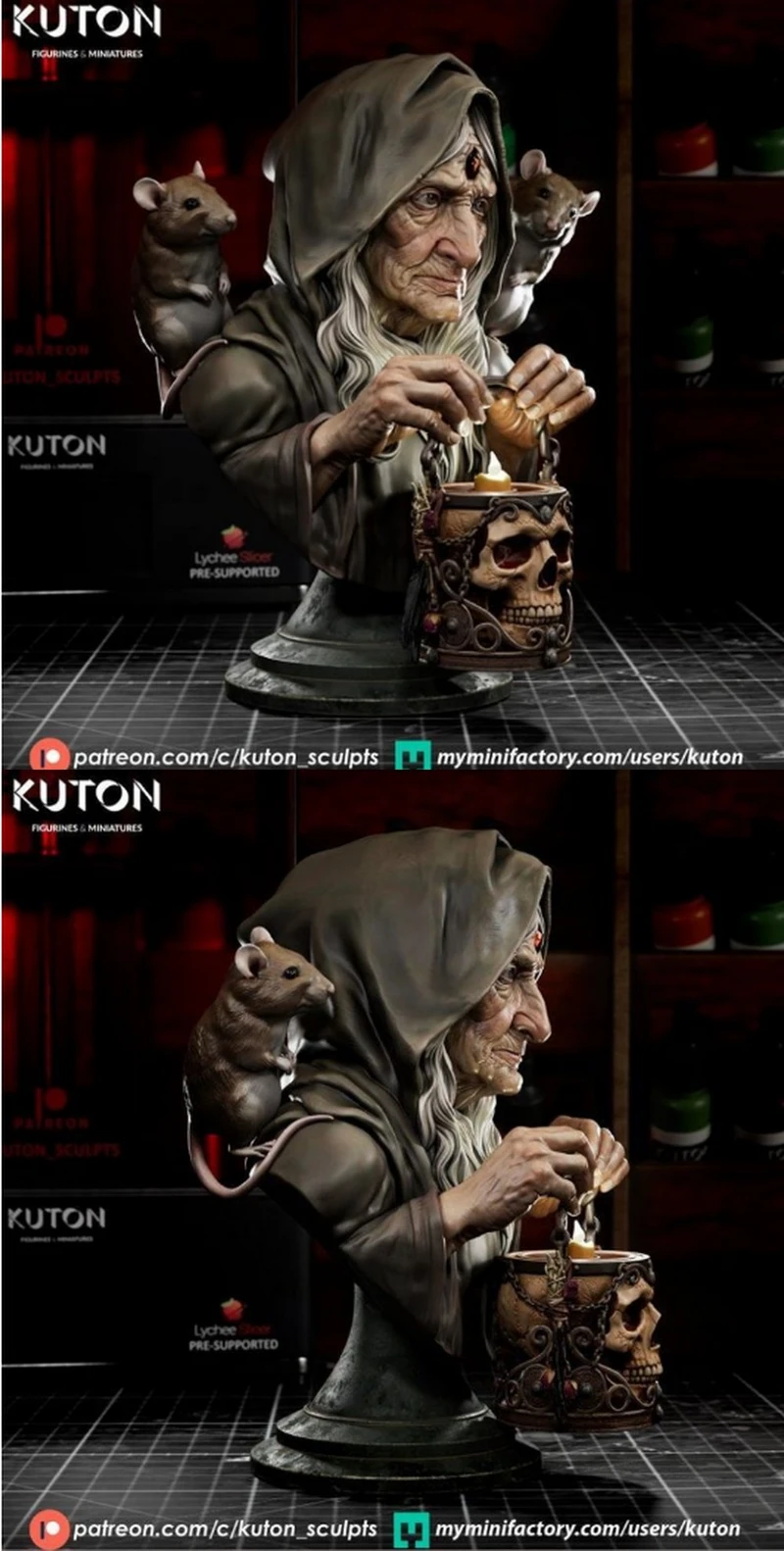 Hooded elderly woman bust with two mice and a skull-decorated vessel