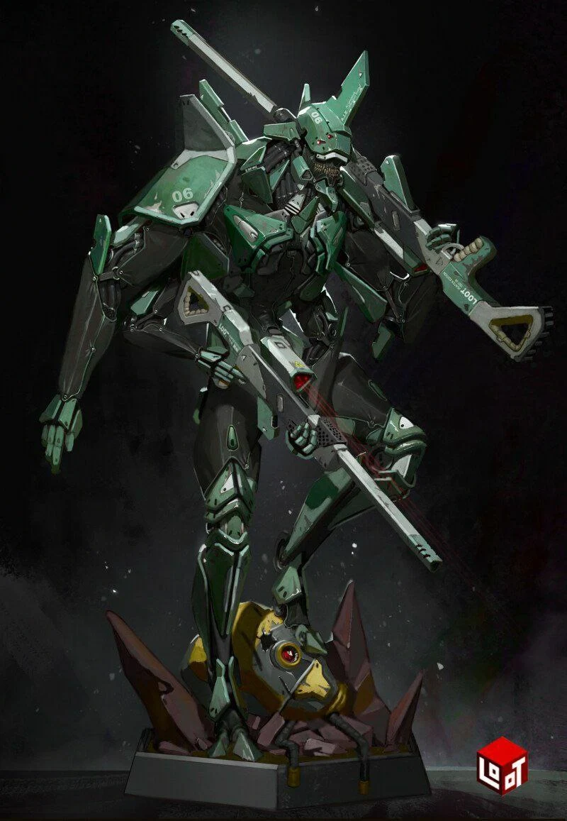 Green and gray armored Mecha Hunter Mark V figure on a rocky display base