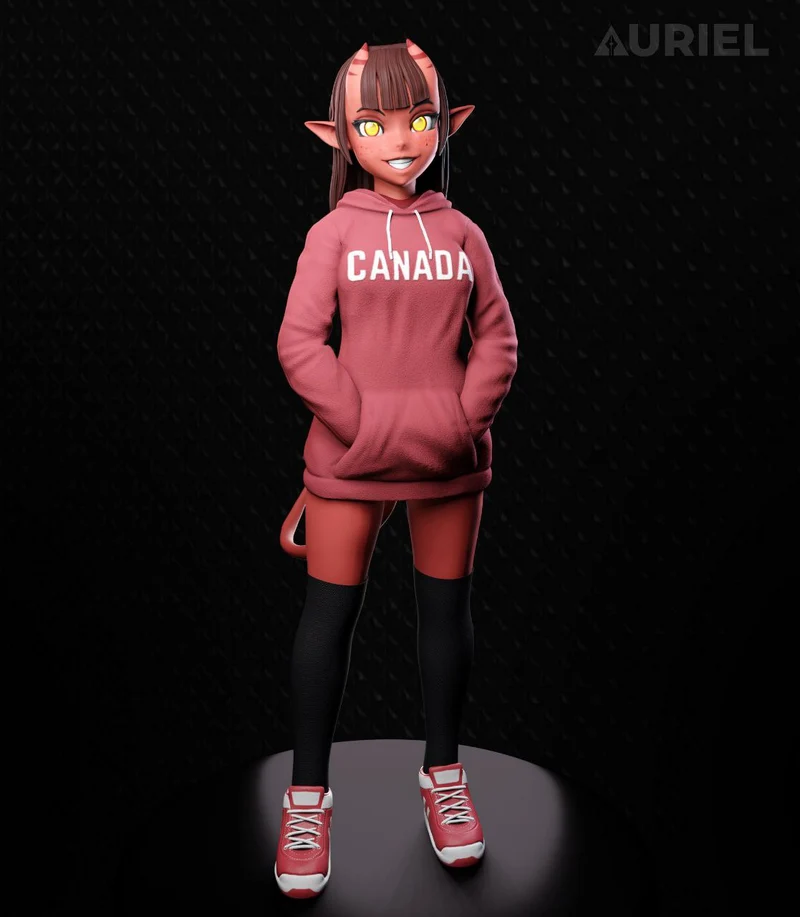 Meru fan art character with horns, pointed ears, Canada hoodie, and sneakers