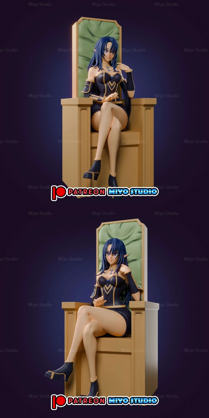 Gamma seated on a throne in black-and-gold clothing with long blue hair