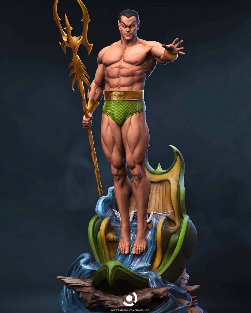 Namor Marvel statue with a gold trident on an aquatic pedestal