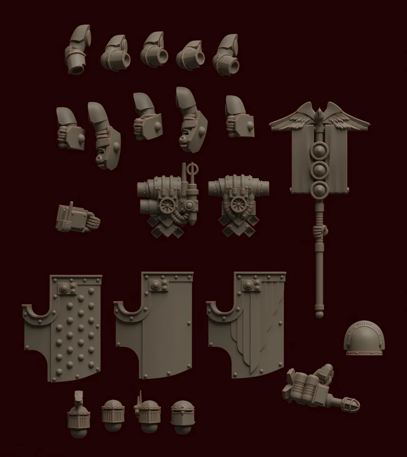 PA-3 armored accessories with gauntlets, panels, mechanical modules, and a winged staff
