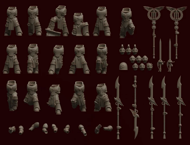 Armored sci-fi miniature figures with weapons and interchangeable parts