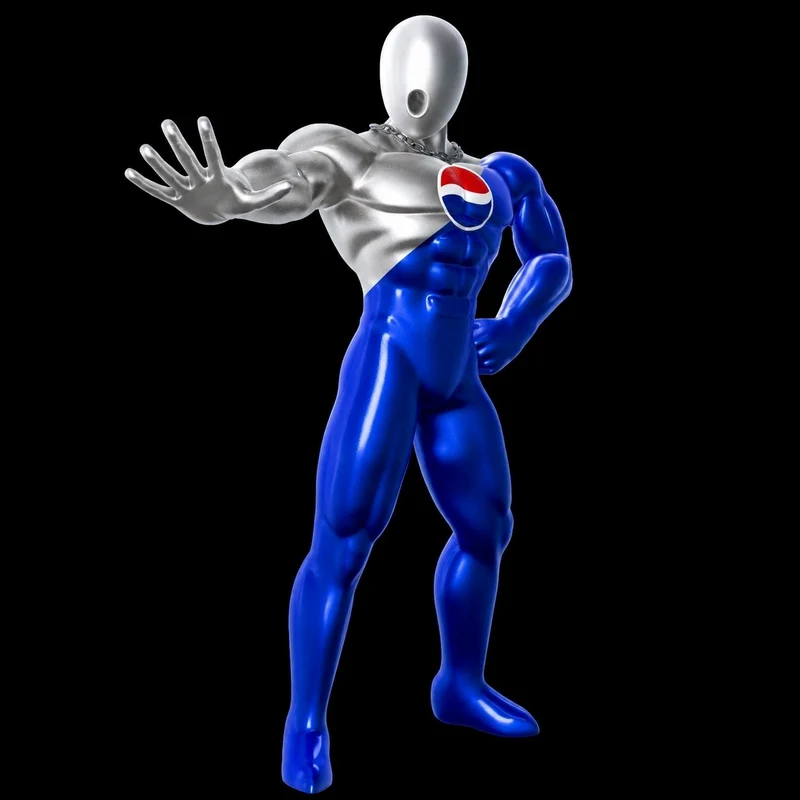 Pepsiman figure in a silver-and-blue suit with an extended hand and red, white, and blue chest emblem