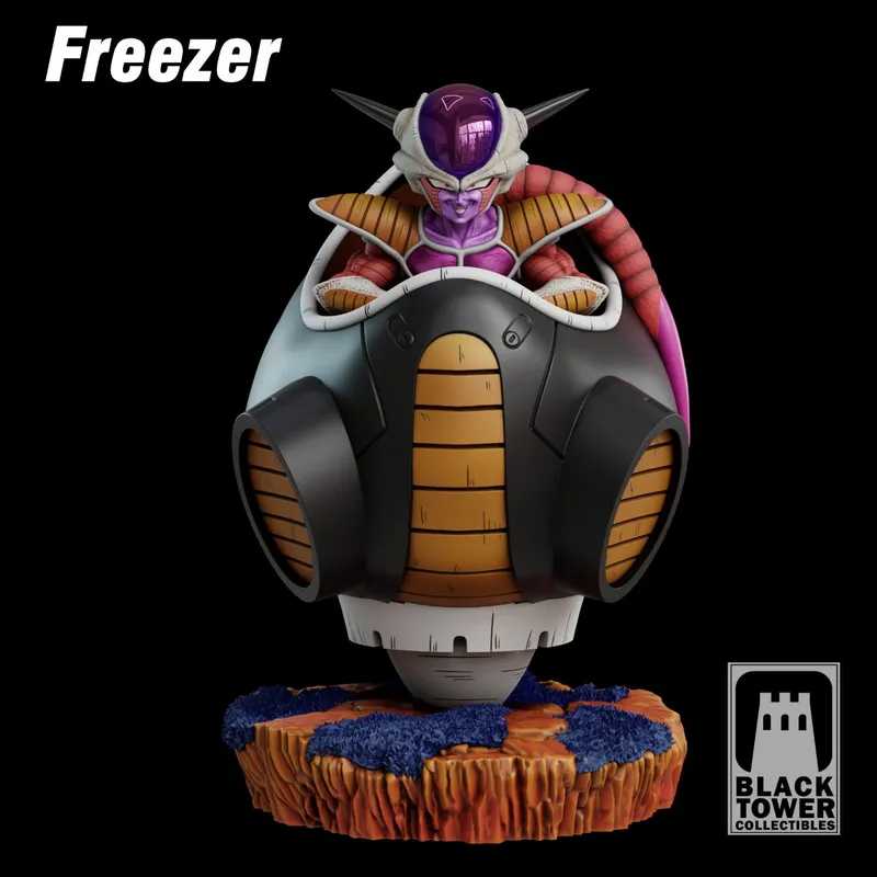 Frieza seated in a spherical Dragon Ball pod on a rocky display base