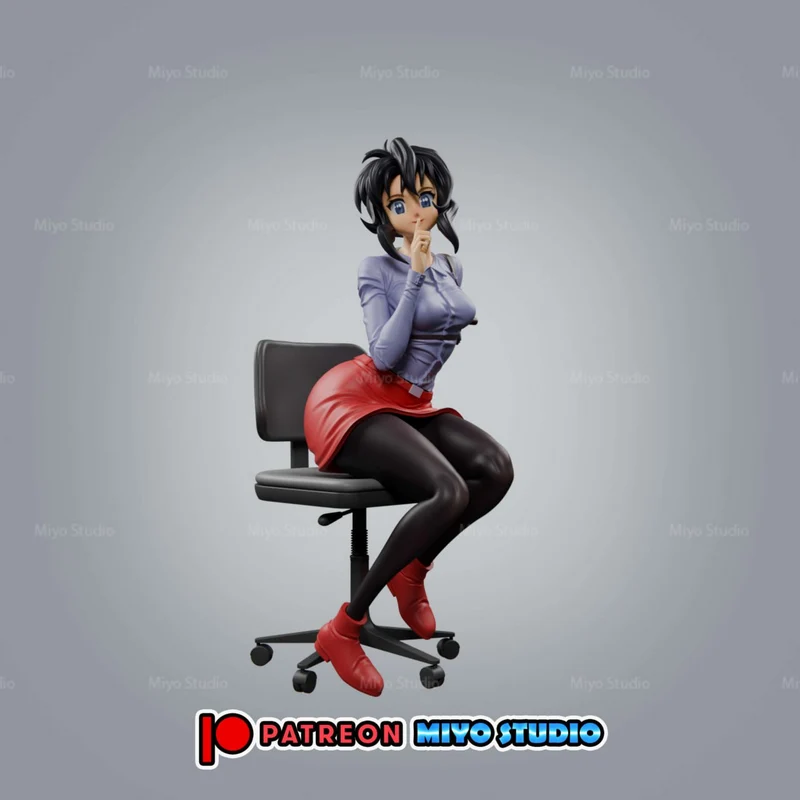 Rally Vincent seated on an office chair in a lavender top, red skirt, black tights, and red boots