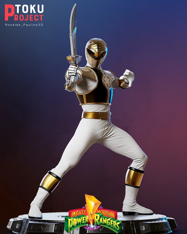 White Ranger Power Rangers figure holding a sword on a display base