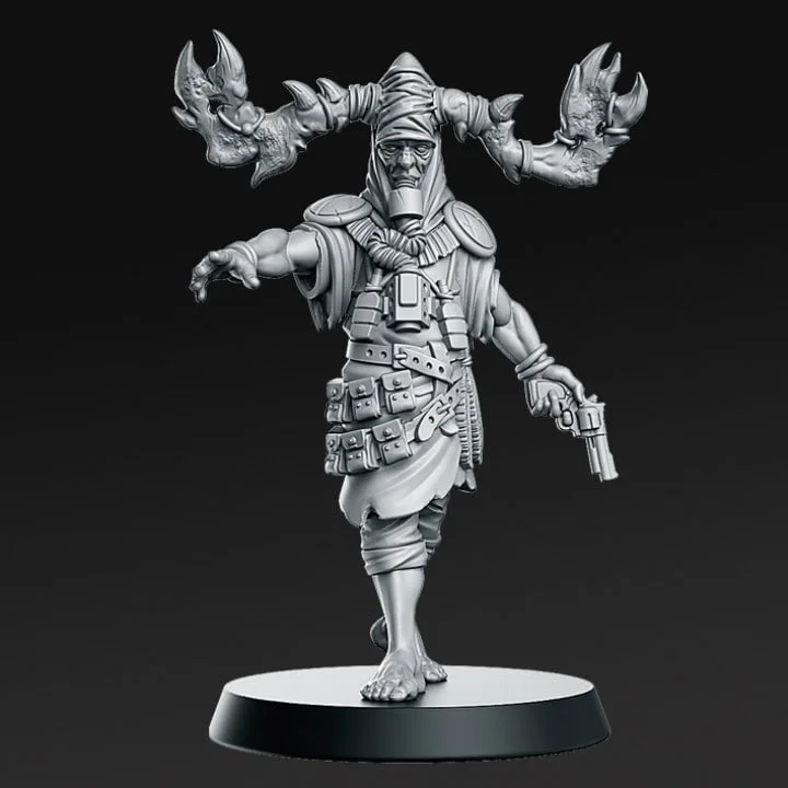 Rottenhorn fantasy humanoid statue with large horns, gear pouches, pistol, and display base