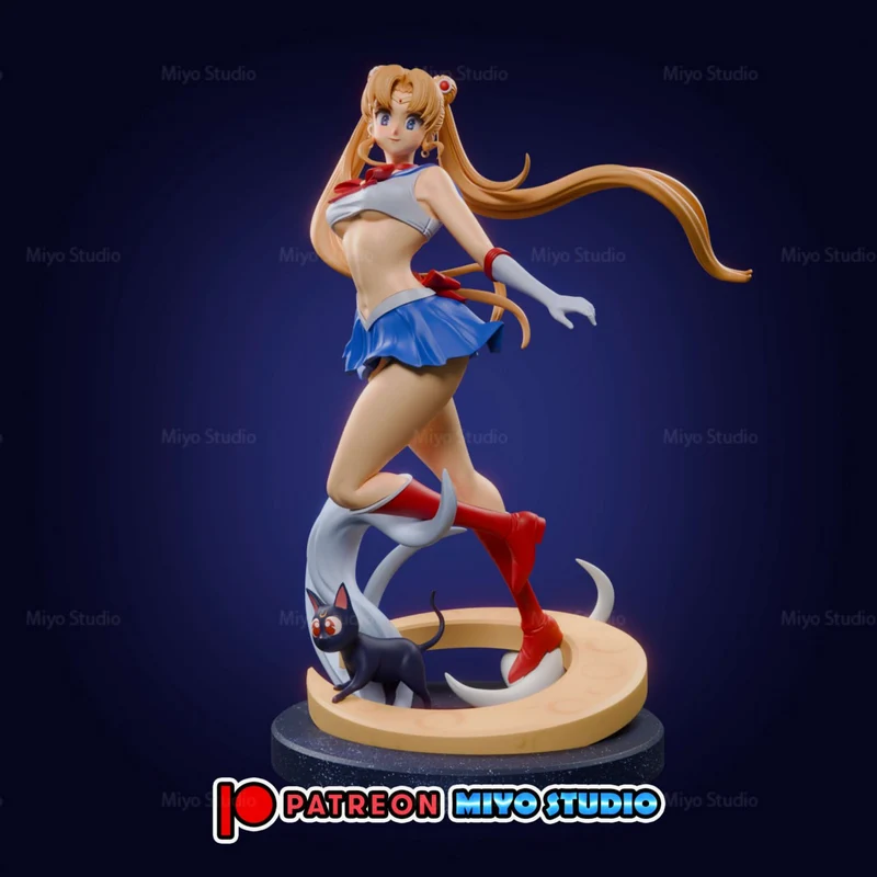 Sailor Moon figure with long blonde hair, red boots, and black cat