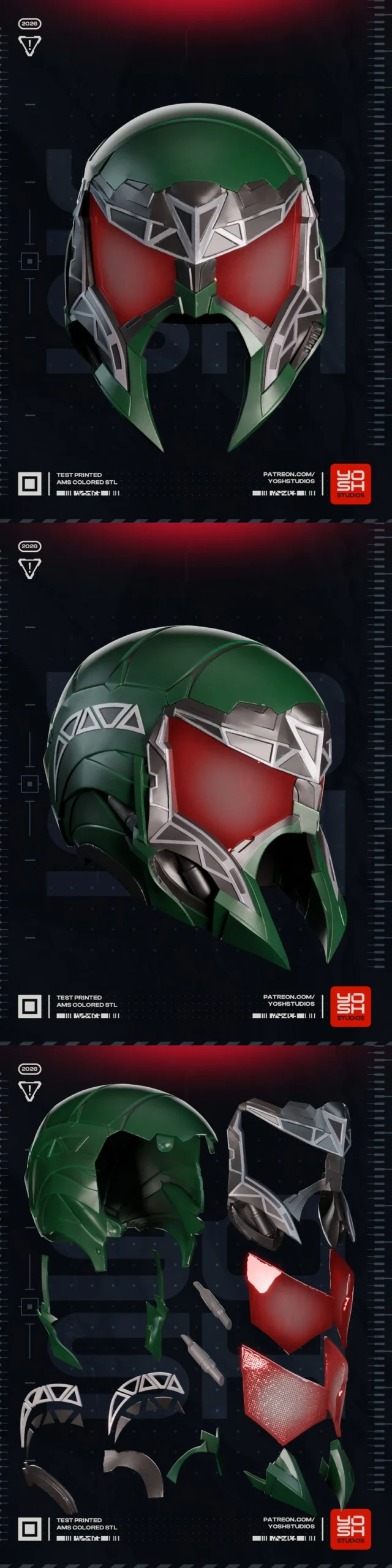 Mortal Kombat Scorpion helmet STL model with green, red, and silver armor