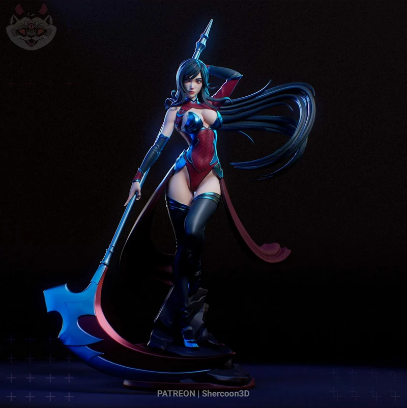 Reika Shinzai character figure with flowing hair, staff, ribbons, and display base