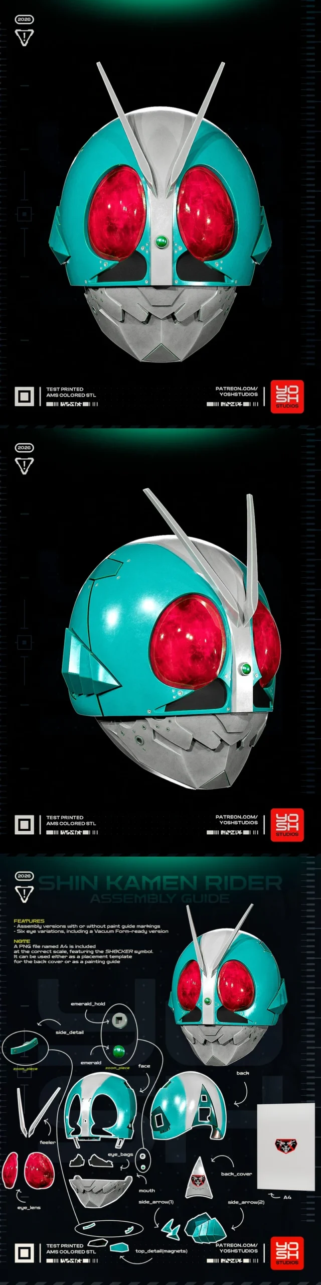 Shin Kamen Rider turquoise mask with red eyes, silver armor, and antennae