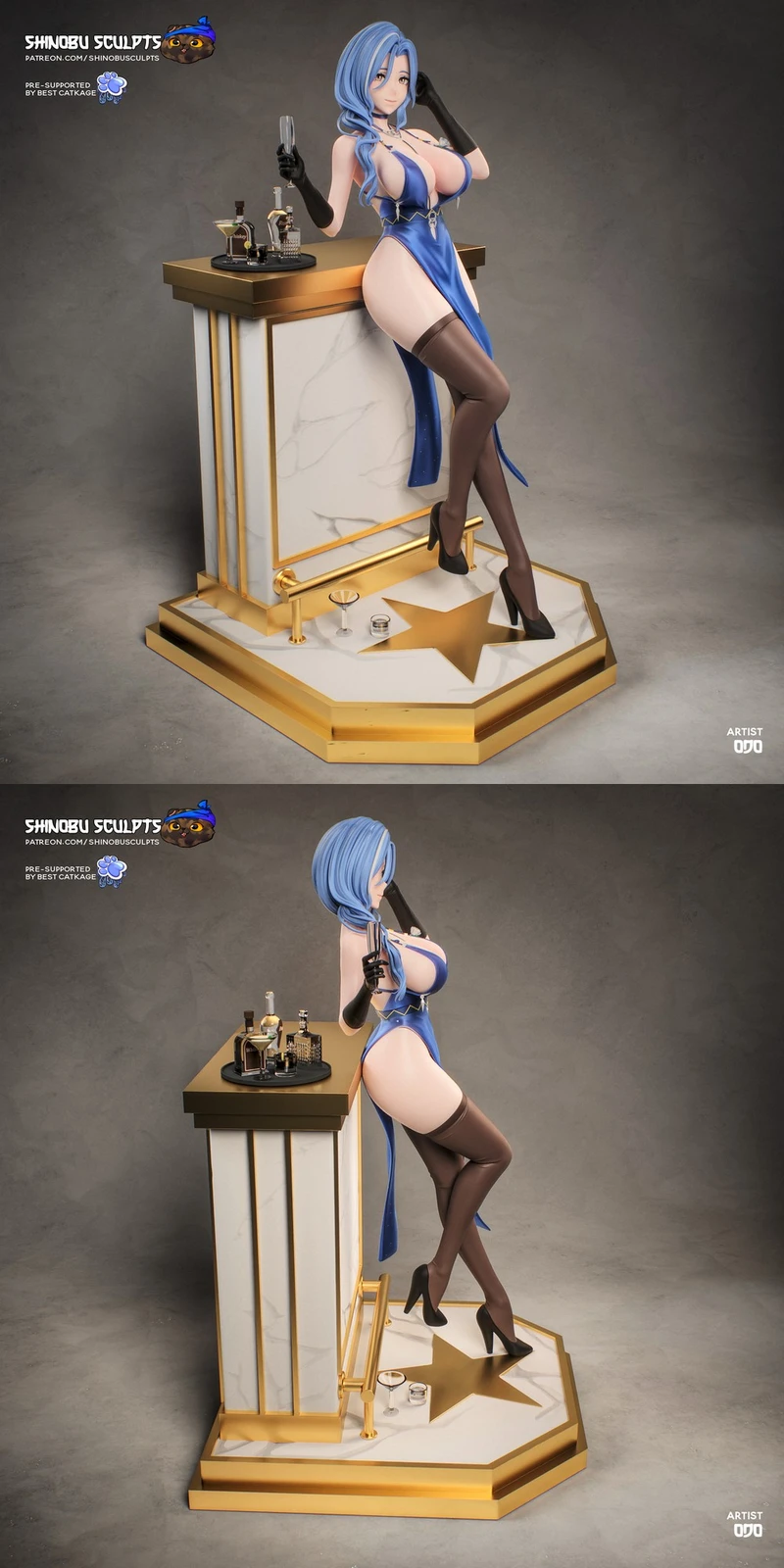 Helen from Girls' Frontline in a blue outfit on an ornate display pedestal