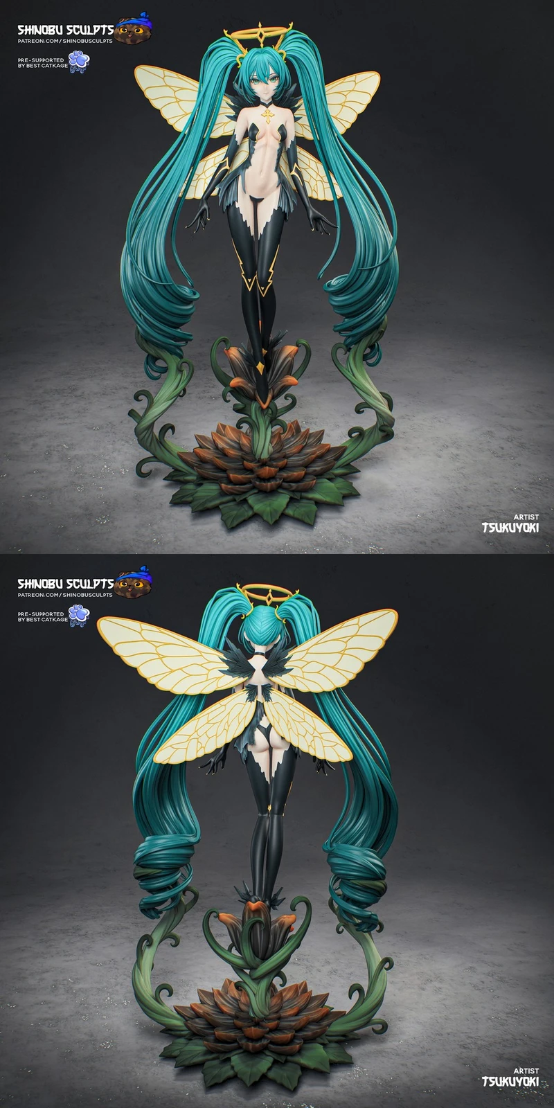 Hatsune Miku fairy figure with turquoise twin-tails, wings, halo, and floral base