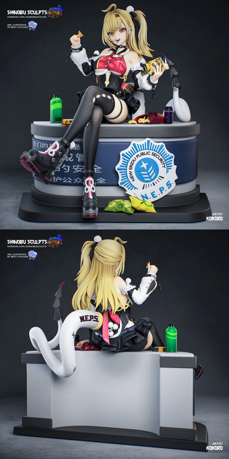 Seated Cissia character figure with blonde twin ponytails, cat-like tail, and themed display base