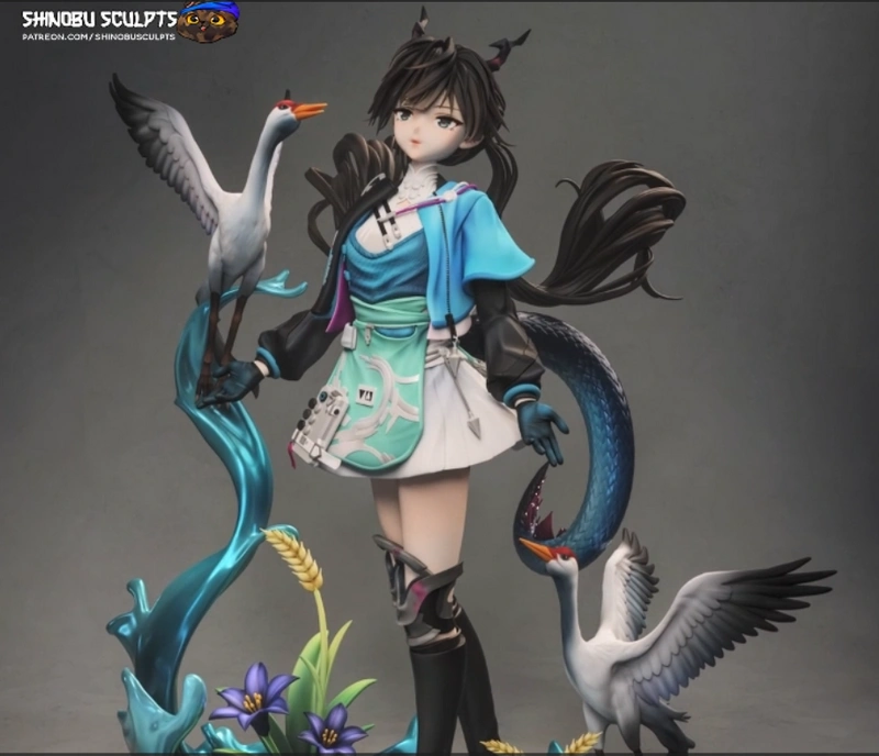 Chen Qianyu character figure with cranes, flowing hair, and aquatic details