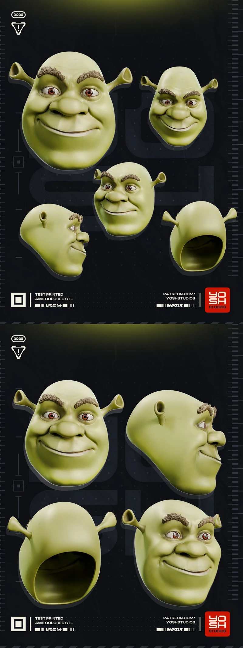 Green Shrek ogre helmet 3D model shown from front, side, and rear views