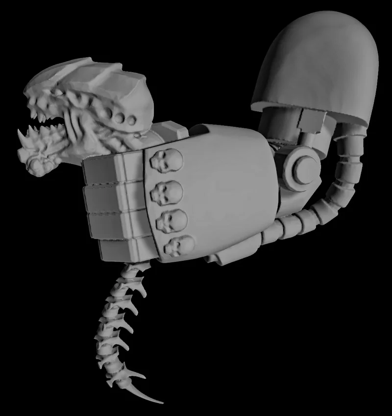 Space Marine Terminator shoulder armour with a Tyranid head and curved segmented tail