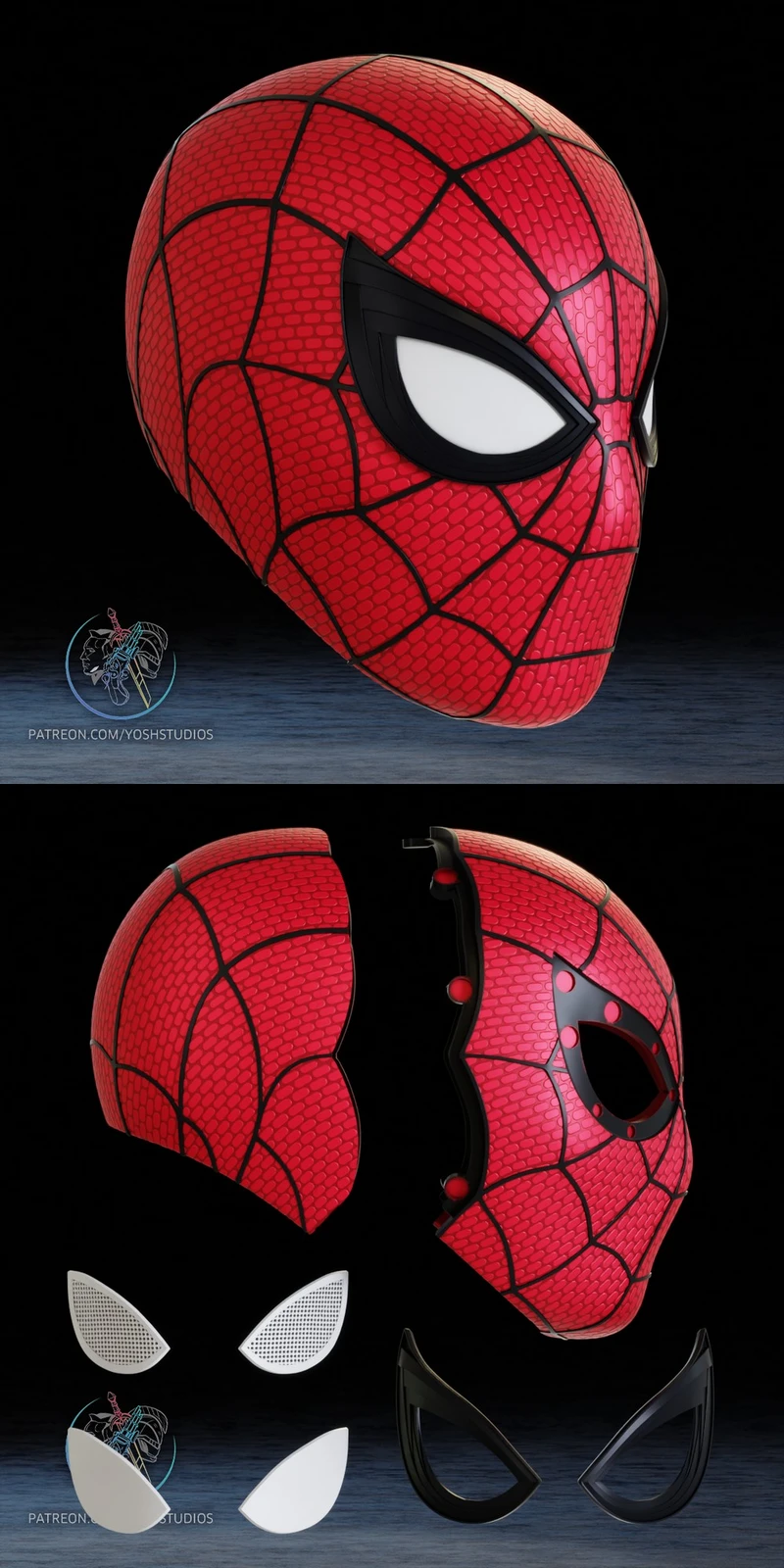 Red Spider-Man mask with black web lines and white eye lenses
