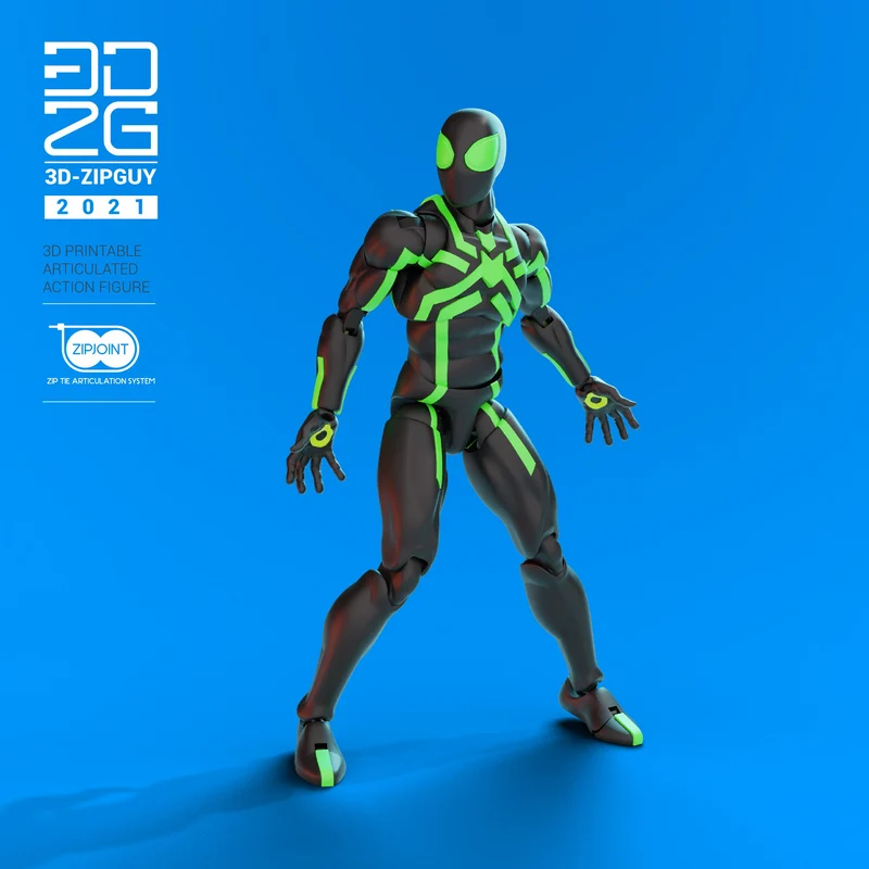 Black and neon green articulated Spider-Man-inspired action figure