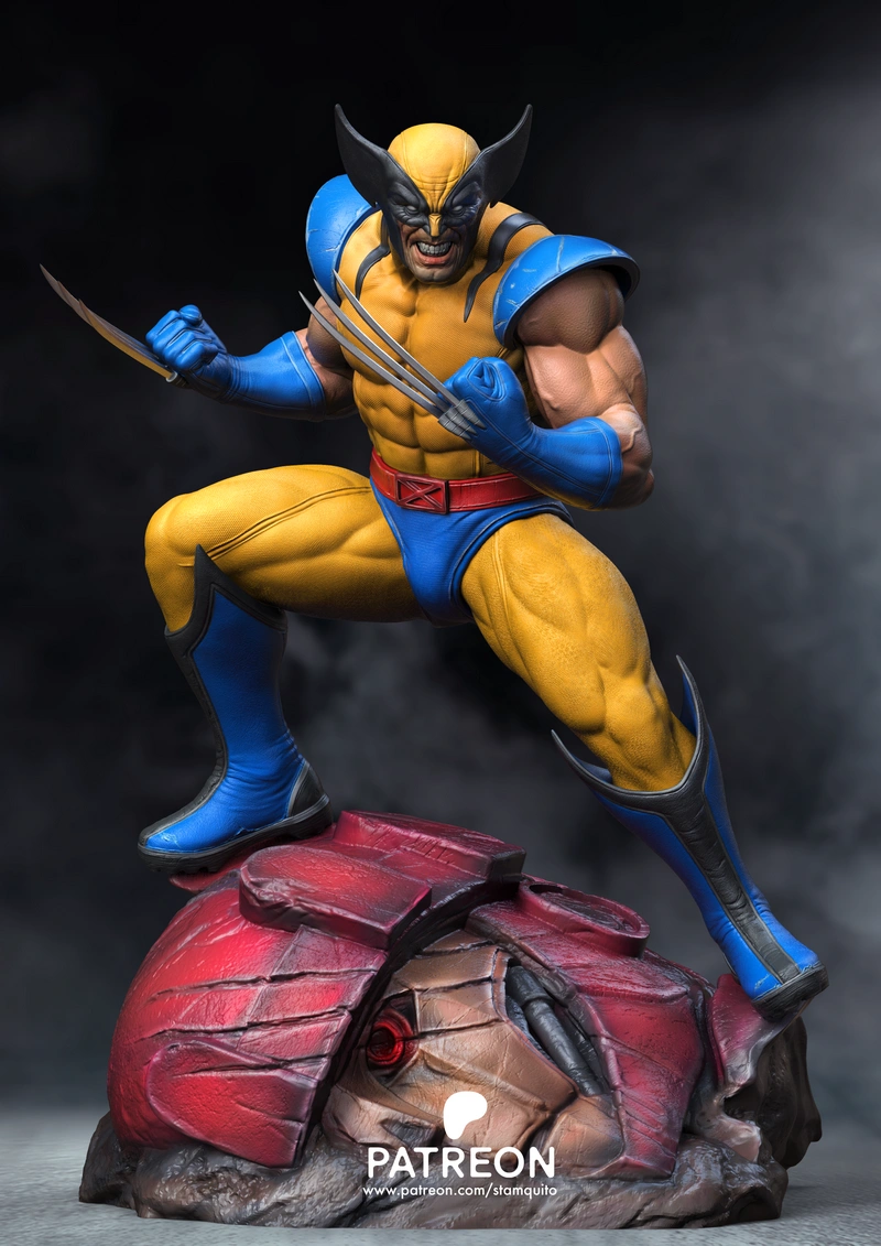 Marvel Wolverine 3D statue in a yellow and blue suit with claws on an armored base