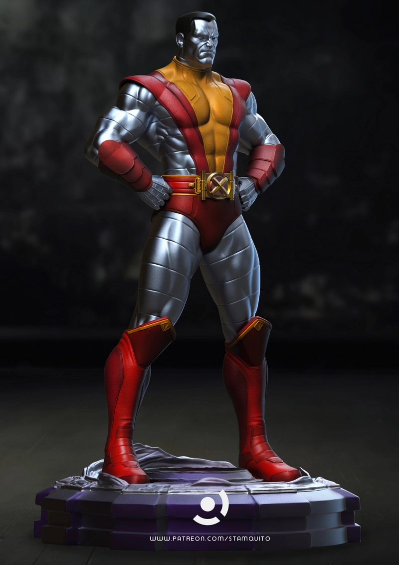 Marvel Colossus statue in a red and gold uniform on a display base