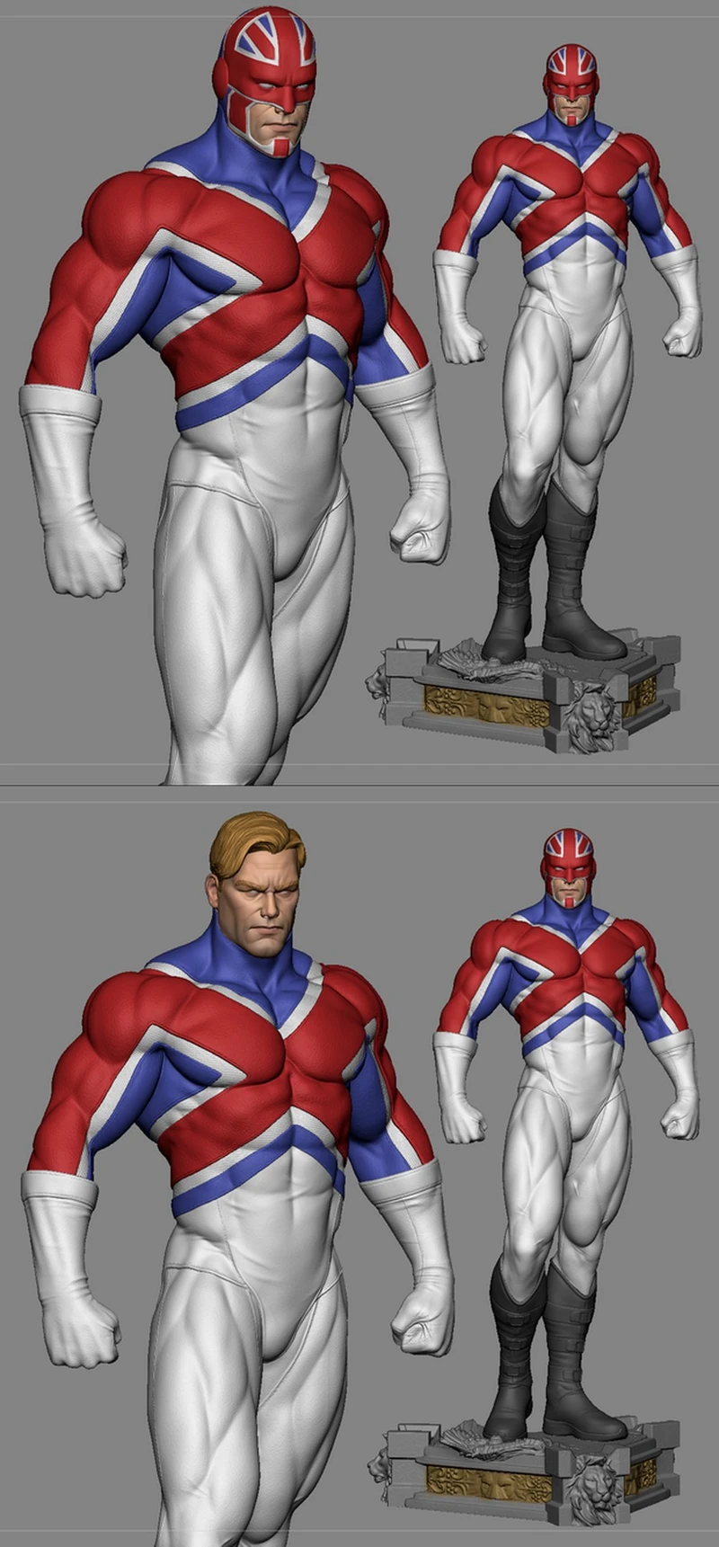 Captain Britain Marvel character statue in a red, blue, and white Union Jack costume