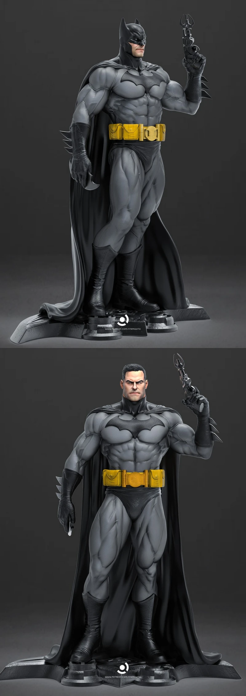 Batman DC Comics character statue with cape, cowl, bat emblem, and yellow utility belt