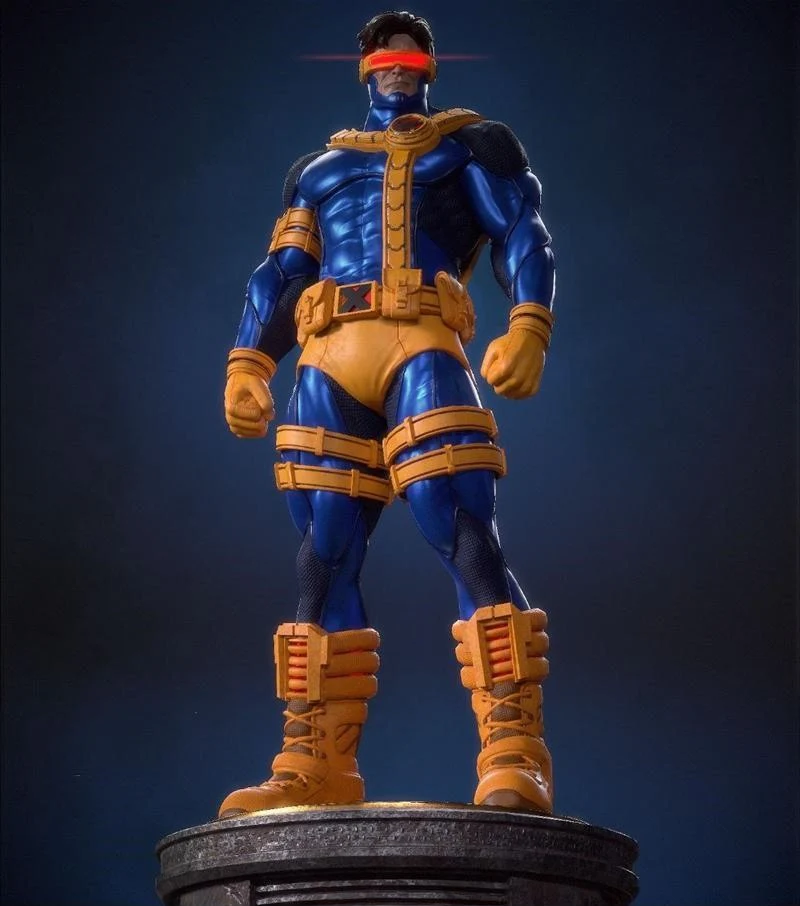 Marvel Cyclops statue in a blue-and-gold X-Men uniform with red visor