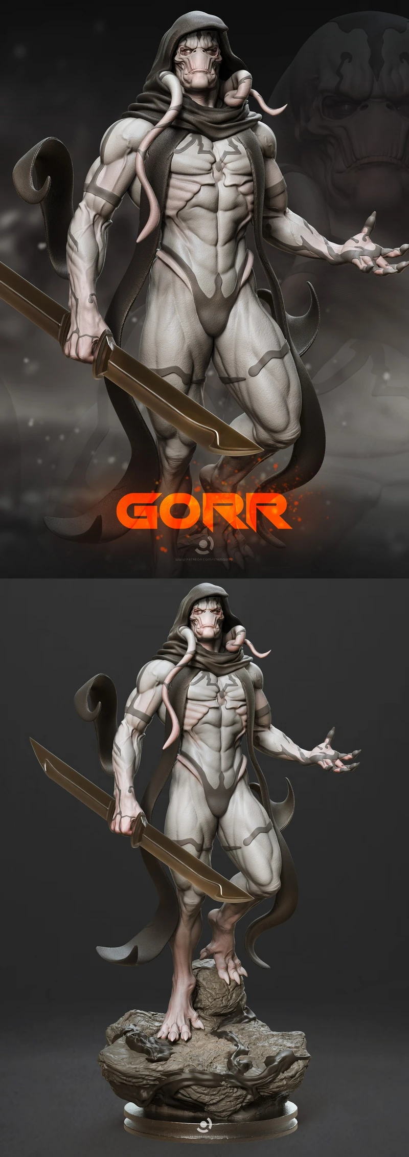 Gorr the God Butcher Marvel statue with hood, sword, tendrils, and rocky base