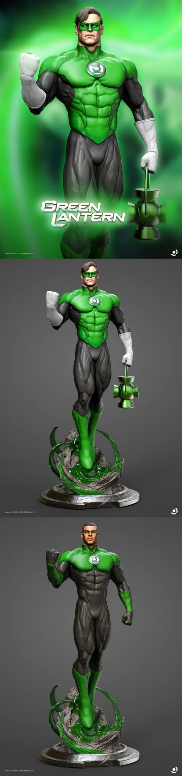 Green Lantern superhero statue in a green and black uniform on a sculpted base