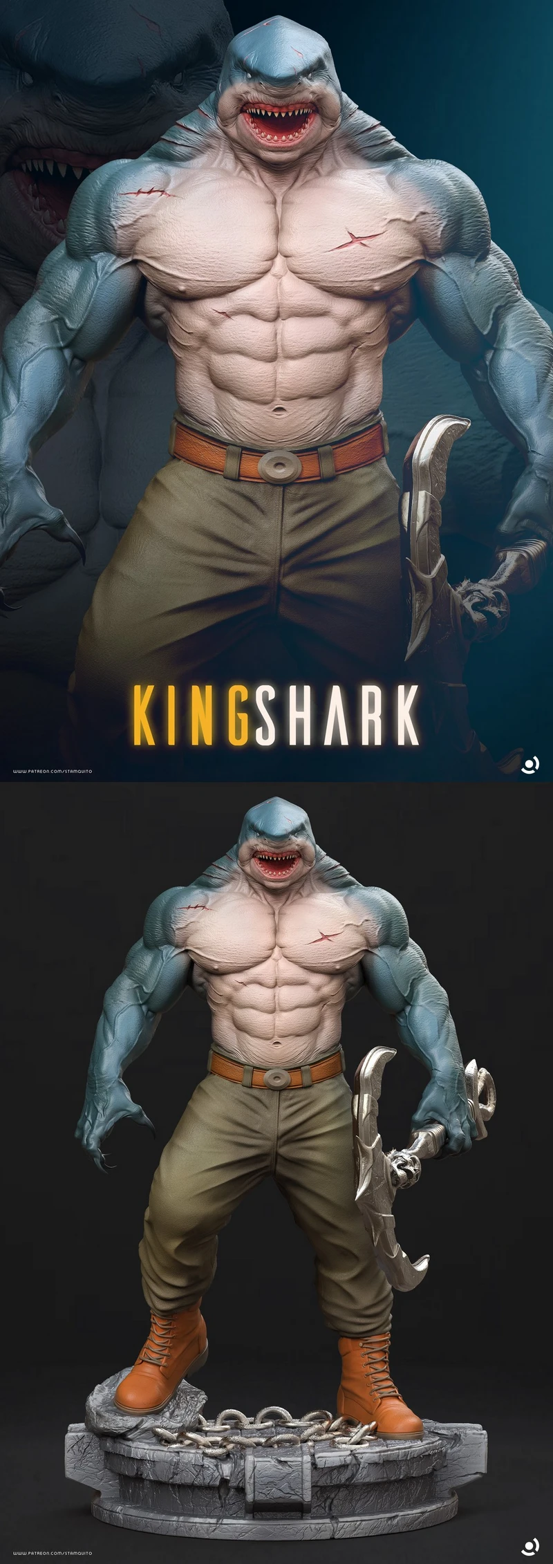 King Shark DC Comics humanoid shark statue with sword on a display base