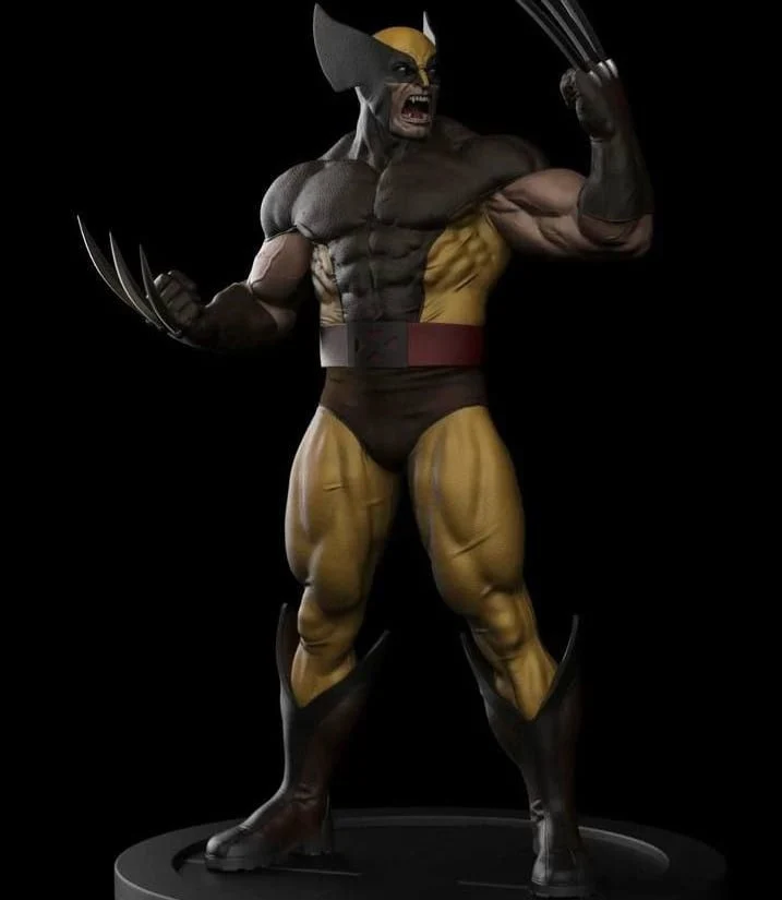 Logan Wolverine statue in a yellow-and-brown costume with extended claws