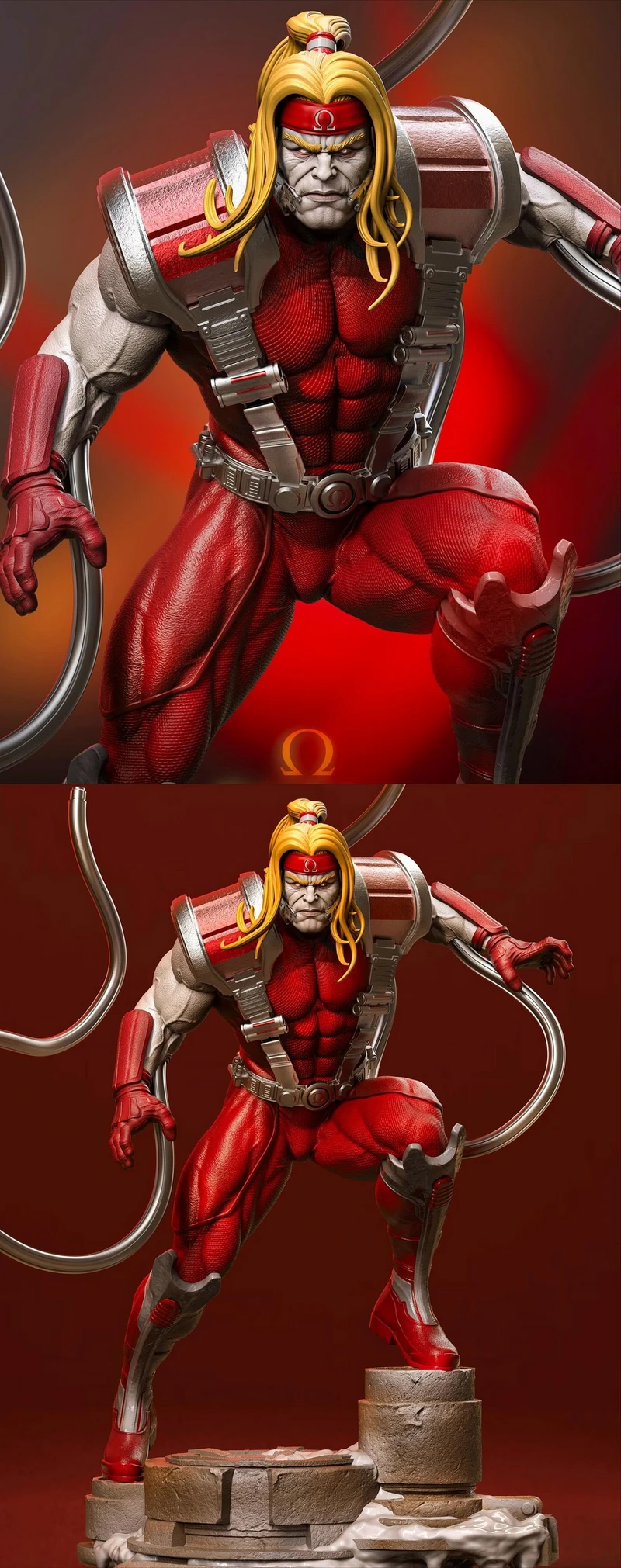 Omega Red Marvel statue in red armor with metallic coils