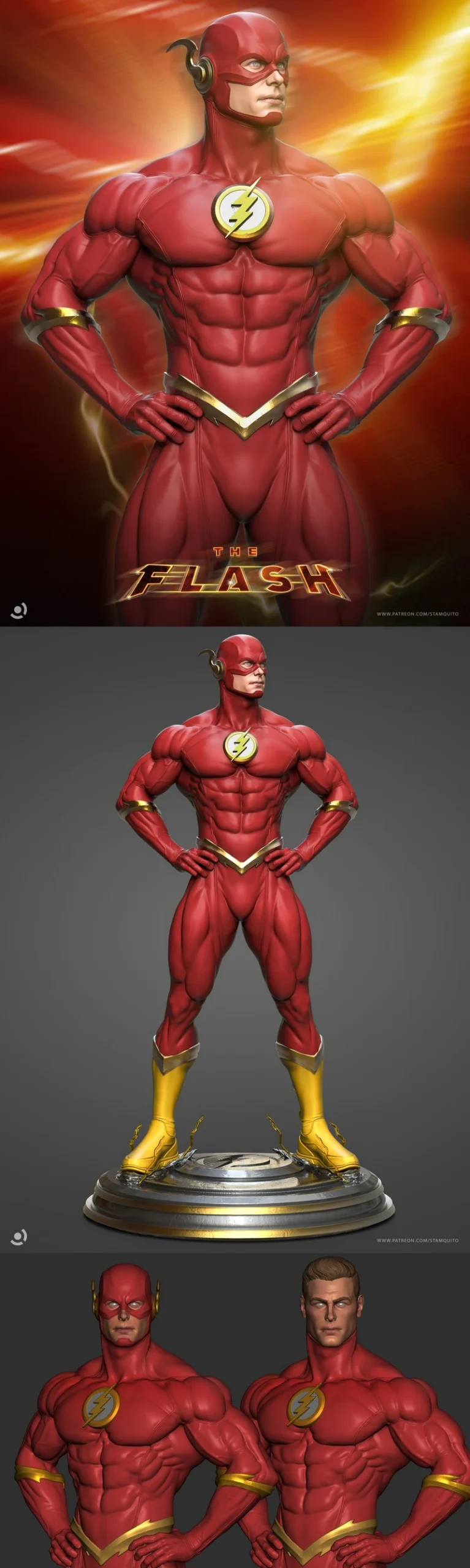 The Flash full-body superhero statue in a red suit on a display base